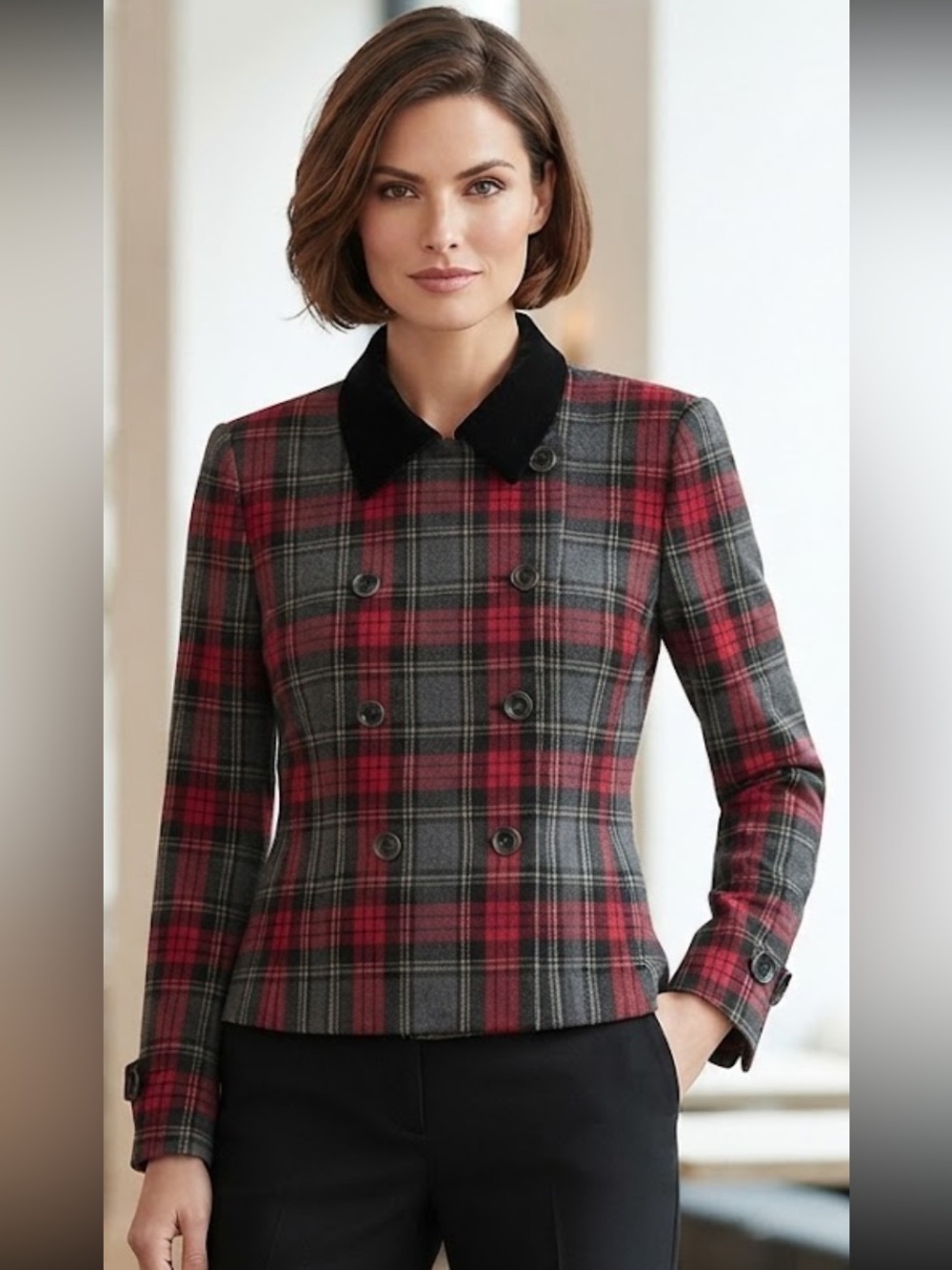 Vintage 90’s Rena Rowan Plaid Blazer Velvet Collar Double Breasted Jacket Sz 12